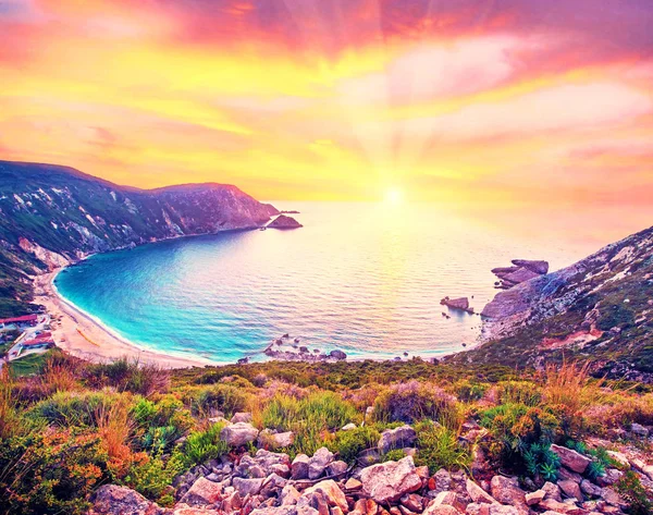 Fantasticamente Fabulosa Paisagem Mágica Deslumbrante Mística Com Praia Pôr Sol — Fotografia de Stock