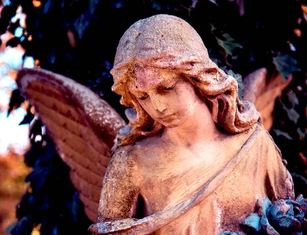 Ett Fragment Antika Skulpturer Ängel Gyllene Glöd Gamla Kyrkogården Symbol — Stockfoto