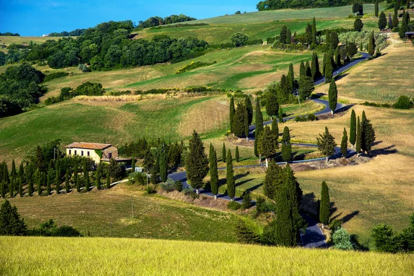 Paysage charmant avec une voiture sur une route courbe avec de nombreuses rebondissements — Photo