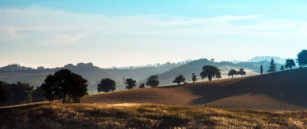 Paisaje escénico con árboles en las colinas contra las nubes en Tusca —  Fotos de Stock