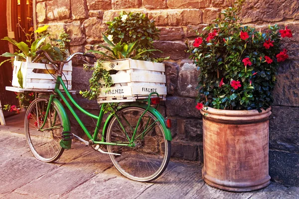 Bela paisagem encantadora rua com uma bicicleta velha com flor — Fotografia de Stock