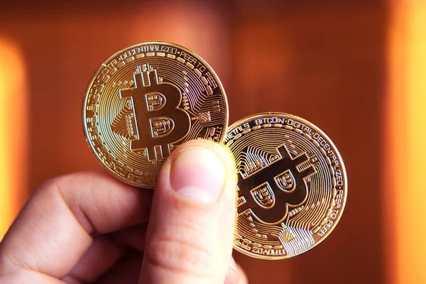 Två bitcoins i hand (investeringar, jagaändringen, rise, minskad, — Stockfoto