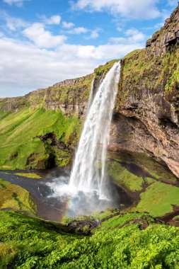 Büyüleyici güzel şelale Seljalandsfoss İzlanda yağmur ile