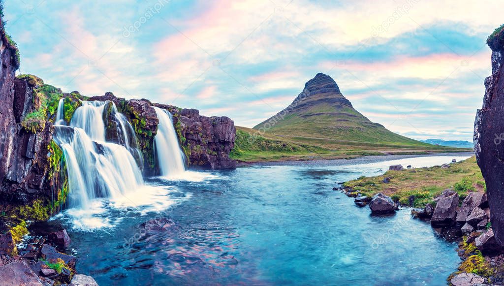 Beautiful natural magical scenery with a waterfall Kirkjufell ne