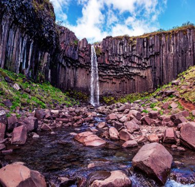 Orta ünlü Svartifoss şelale ile Büyülü manzara
