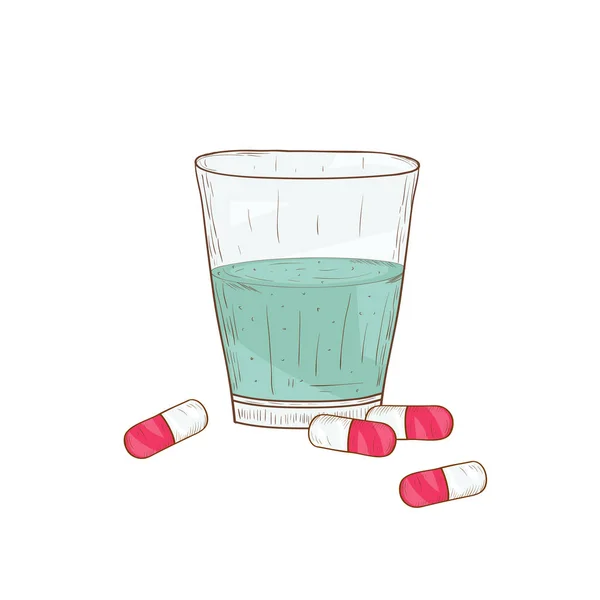Капсула и стакан воды. Лекарства. Скетч. На белом фоне . — стоковый вектор