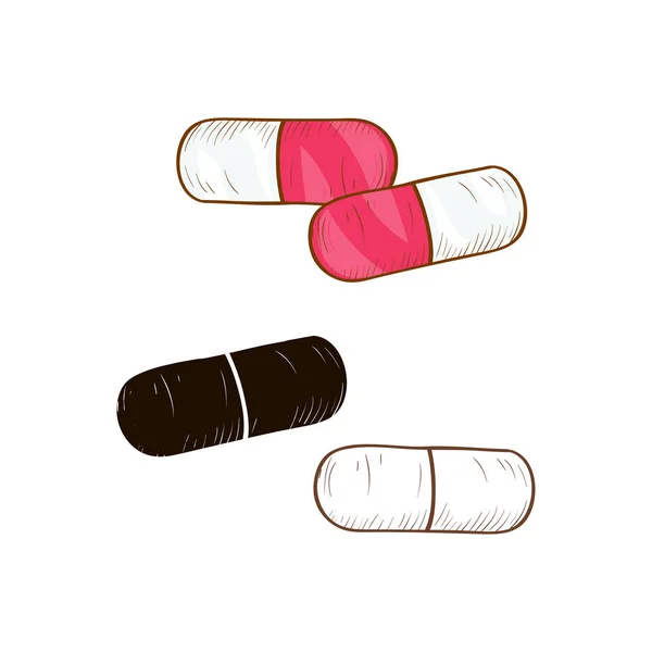 Capsule, comprimé. Médecine. Prêt. Croquis, silhouette, dessin couleur. Sur fond blanc . — Image vectorielle