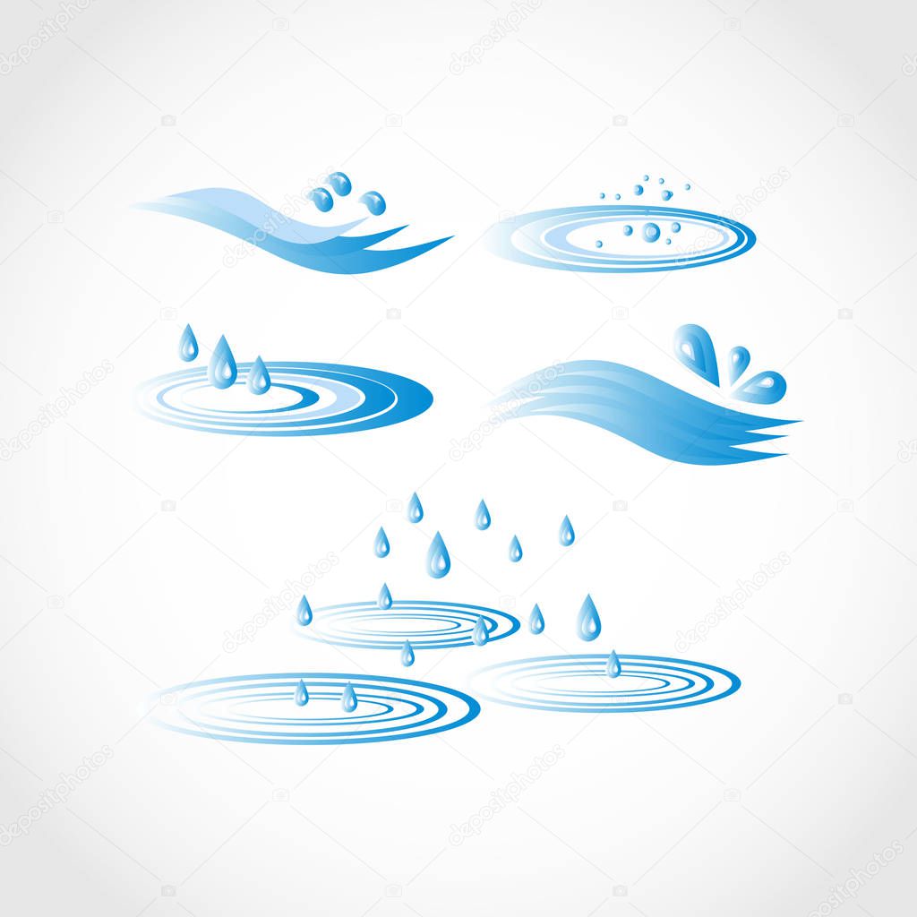 Water, waves, drops, puddles. Circles on the water. Logo, emblem. Set