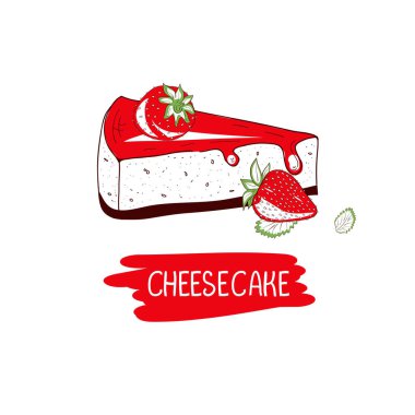 Peynirli Kek çilek ile. Beyaz bir arka plan üzerinde. Kullanılabilir bir logo, işaret, sembol, amblem. Soyutlama. Kroki