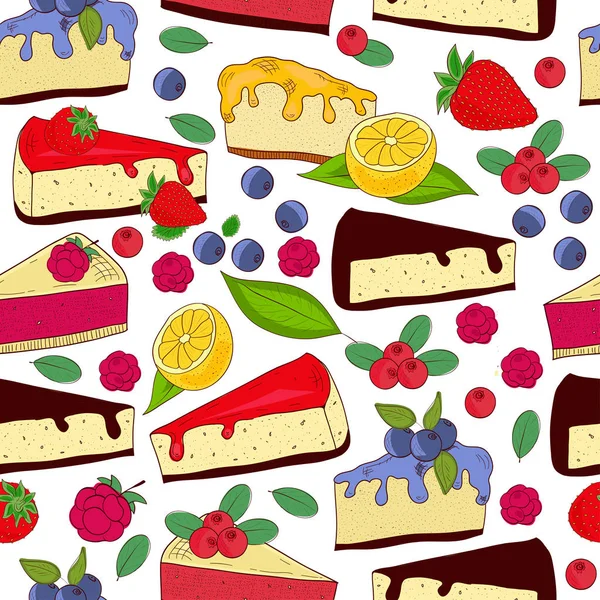 Cheesecake. Background, wallpaper, seamless. Sketch. With lemon, raspberries, blueberries, chocolate. — Stock Vector
