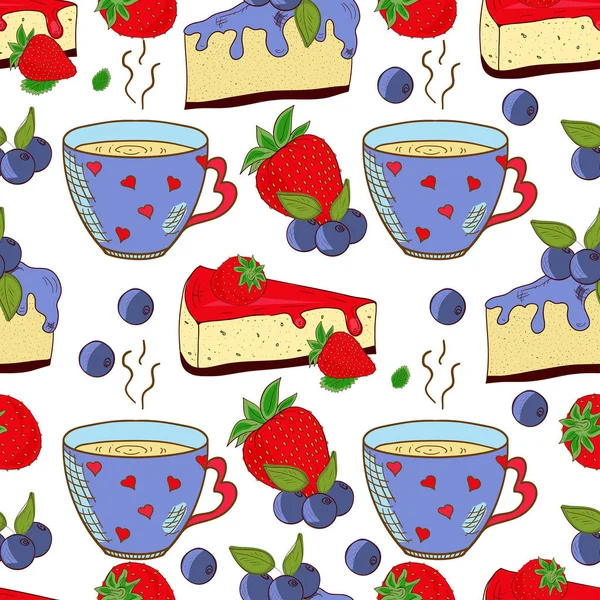 Käsekuchen mit Erdbeeren und Blaubeeren. eine Tasse. Hintergrund, Tapete, nahtlos. Skizze. — Stockvektor