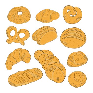 Pastane. Çörek, ekmek, kalach, kroasan. Set, kroki