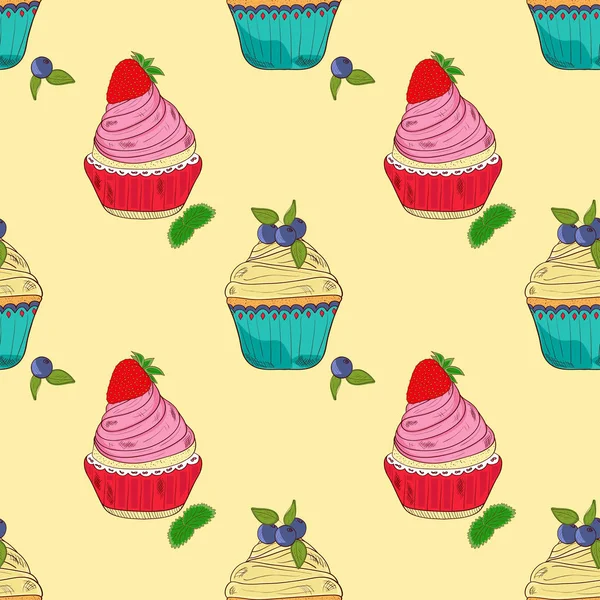 Kuchen. Heidelbeere, Erdbeere. Hintergrund, Tapete, gemächlich. auf beigem Hintergrund. Skizze, Doodle. — Stockvektor