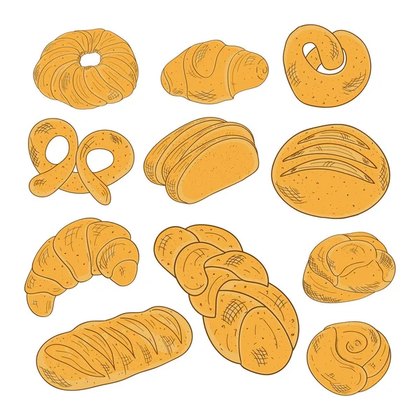 Pastane. Çörek, ekmek, kalach, kroasan. Set, kroki