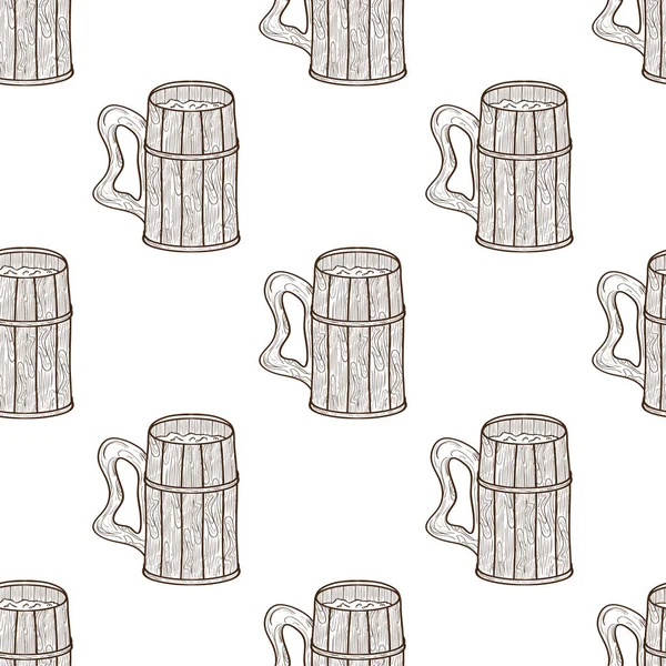 Una taza hecha de madera. Cerveza, Kvass. Una imagen monocromática sobre un fondo blanco. Fondo de pantalla, sin costuras. Esbozo . — Vector de stock