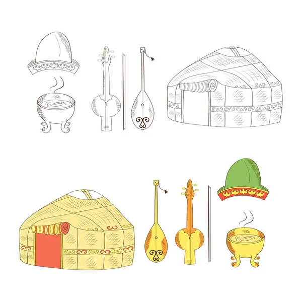 A set of Kazakh objects. Yurt, dombra, kobyz, headdress, a container for cooking food. Color and monochrome drawing. Sketch — Stock Vector