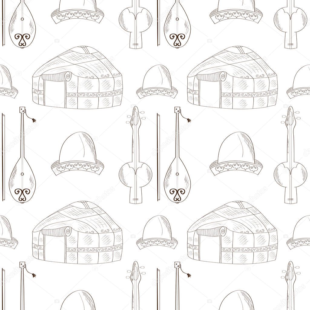 Background, wallpaper, seamless. Sketch, doodle. Yurt, dombra, kobyz, hat. Monochrome.