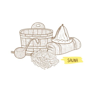 Sauna. Ayarlayın. Bir şapka, bir kepçe, bir bardak, bir havlu, bir süpürge. Kroki. Tek renkli.