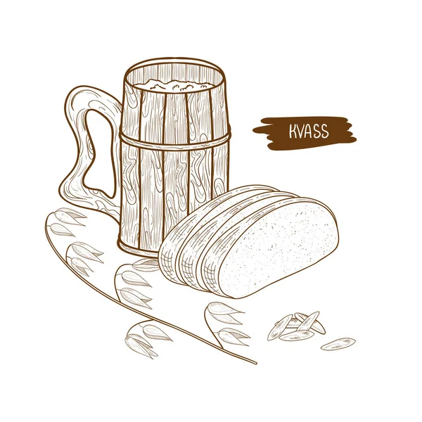 Kvass. Uma caneca de madeira. Centeio. Pão. Monocromático. Esboço — Vetor de Stock