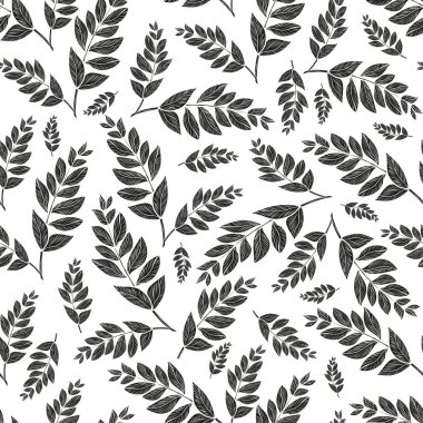 Yaprakları. Beyaz arka planda siyah siluet. Duvar kağıtları, sorunsuz. Tek renkli