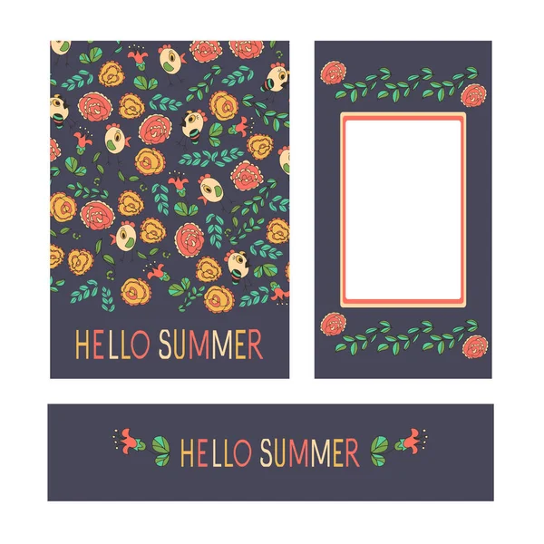 Hola verano. Postal, fondo, póster. Flores y pollo. Alegre, patrón festivo. Conjunto . — Vector de stock