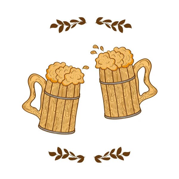 맥주입니다. 나무 낯 짝입니다. 두 잔 이나입니다. 밑그림입니다. 에 흰색 배경. 로고, 기호, 상징으로 사용할 수 있습니다.. — 스톡 벡터