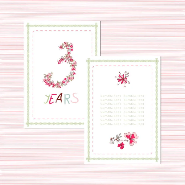 Un modèle. anniversaire, mariage. Trois ans. fleurs roses sur fond blanc. Contexte, carte, bannière, invitation. Ensemble . — Image vectorielle