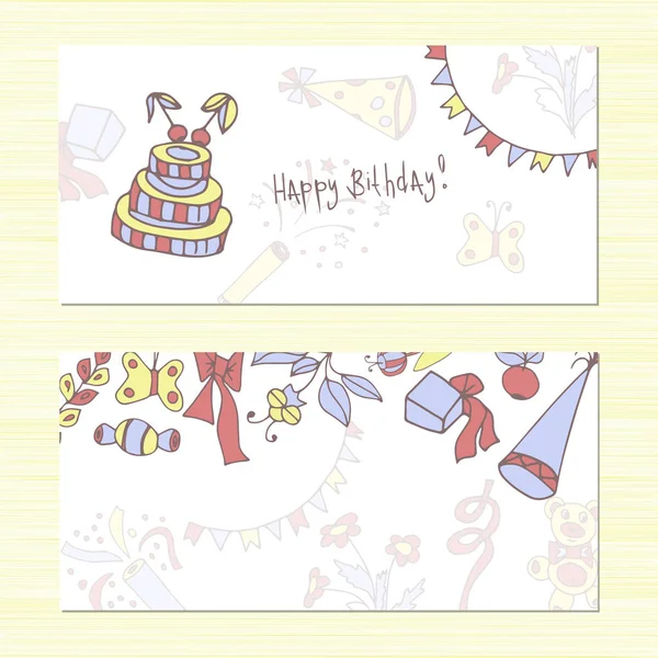 Birthday. Template, background, banner. Postcard, poster. Sketch doodle. set — Stock Vector