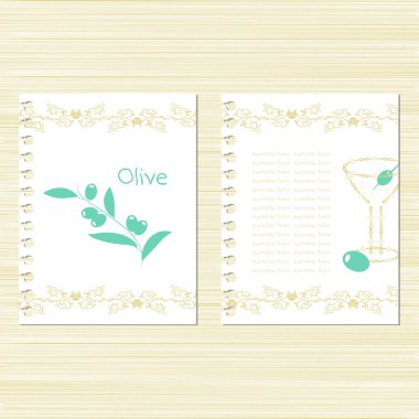 Oliva. Martini. Şablon. Ayarlayın. Davet çerçeve. Menü. Vintage