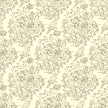 Çiçekler ve kuşlar ile arka plan. Sorunsuz. Gri renkli. Doodle, kroki