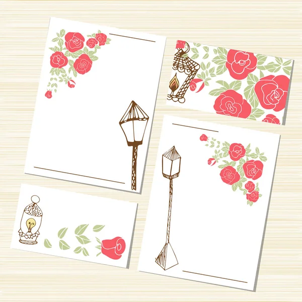 Un décor romantique. Un modèle. Fleurs, roses et fonar.Mozhet utilisé comme carte de voeux, invitation, salutations. Croquis . — Image vectorielle