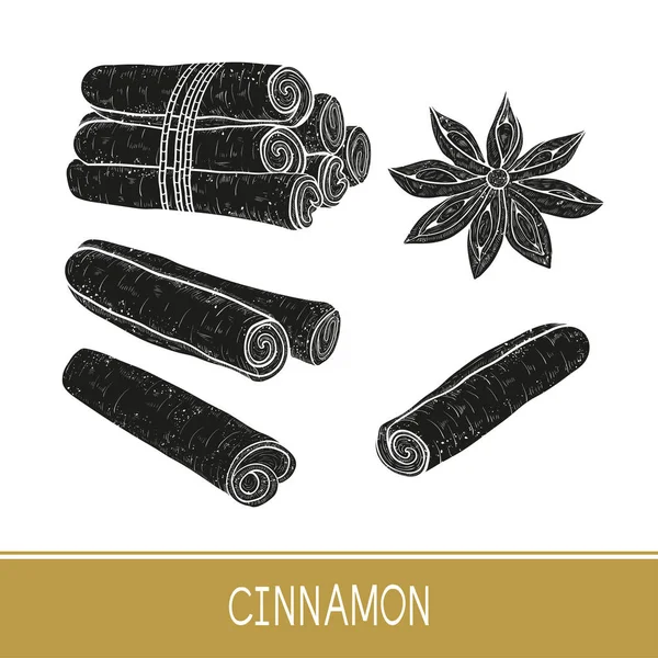 Cinnamon sticks, star anise. Set. Black silhouette on white background. — Stock Vector