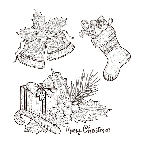 Christmas set. Stocking, gift, fir, holly, bell. Sketch. Monophonic. — Stock Vector