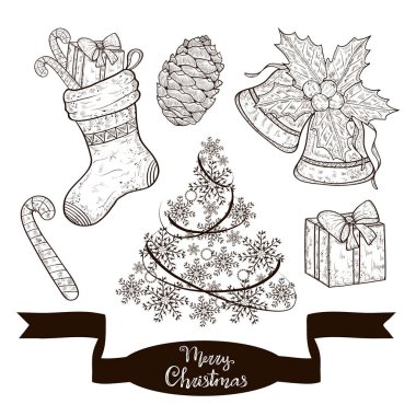 Noel, yeni yıl için ayarlayın. Noel ağacı, çorap, şeker, çan, Hediyelik, koni. Kroki. Tek sesli.