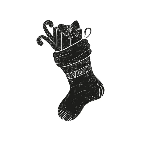 Socke. Weihnachten, Neujahr. Geschenk, Süßigkeiten. schwarze Silhouette auf weißem Hintergrund. — Stockvektor