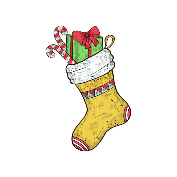 Socke. Weihnachten, Neujahr. Geschenk, Süßigkeiten. Skizze. Farbe — Stockvektor