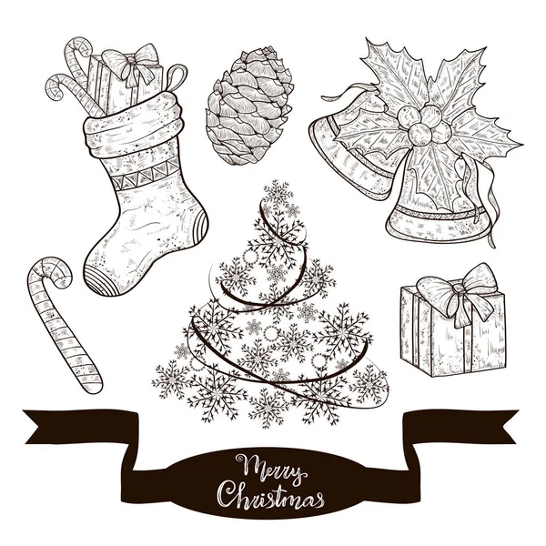 Prêt pour Noël, Nouvel An. Arbre de Noël, chaussette, bonbons, cloche, cadeau, cône. Croquis. Monophonique . — Image vectorielle