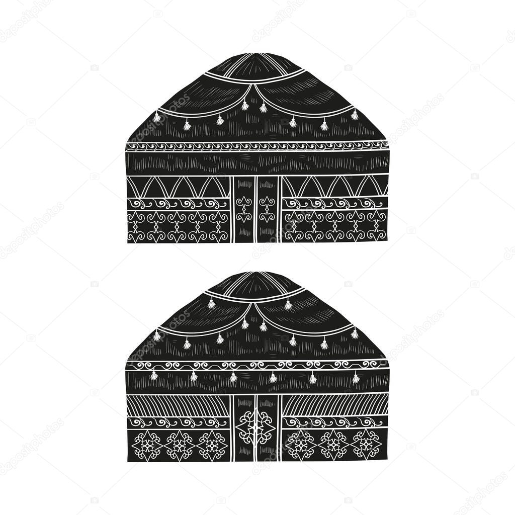 Yurt. Housing. Monophonic. Set. Black silhouette on white background.