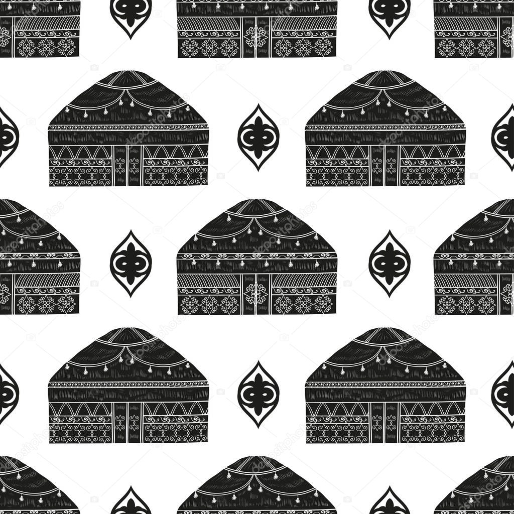 Yurt. Housing. Patterns. Black silhouette on white background. Wallpaper, seamless.