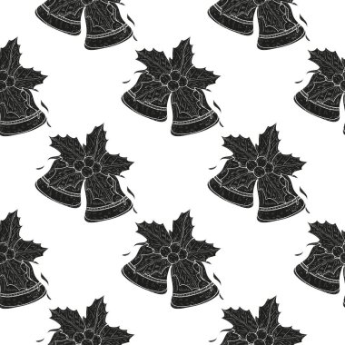 Bell, holly, şerit. Noel, yeni yıl. Arka plan, duvar kağıdı, sorunsuz, doku. Beyaz arka planda siyah siluet.