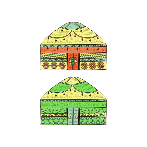 Une yourte. Le logement. Couleur. Croquis. Ensemble . — Image vectorielle