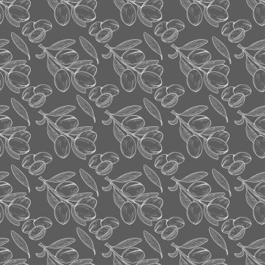 Argan. Bitki. Arka plan, duvar kağıdı, sorunsuz. Kroki. Tek renkli. Gri bir arka plan üzerinde beyaz desen