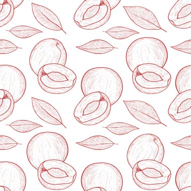 Şeftali. Kayısı. Meyve ve yaprakları. Kroki. Tek renkli. Arka plan, duvar kağıdı, sorunsuz. Ambalaj üzerinde kullanılabilir.