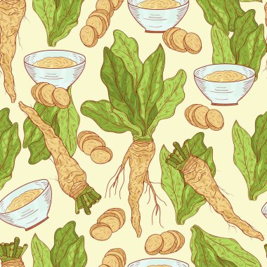 Horseradish. Bitki. Yaprak, kök. Arka plan, duvar kağıdı, doku, sorunsuz. Kroki, renk.