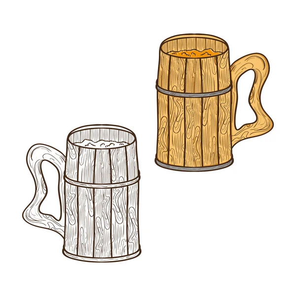 Una taza hecha de madera. Para la cerveza, Kvass. Boceto. Listos. Dibujo en color y monocromo . — Archivo Imágenes Vectoriales