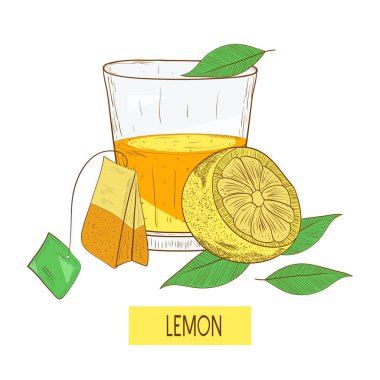 Limonlu çay. Bir bardak çay, limon, bir çay de. Kroki. Beyaz bir arka plan üzerinde.