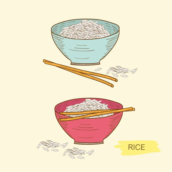 Rice in the bowl. Sticks. Sketch. Color pattern. Set. — Stock Vector
