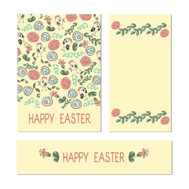 Paskalya. Hazır, kartpostal. Şablon. Çiçekler ve tavuk. Kroki, doodle.