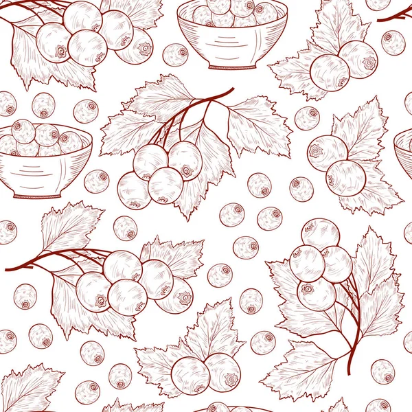 山楂。浆果, 树叶。背景, 壁纸。无缝。素描。单色 — 图库矢量图片