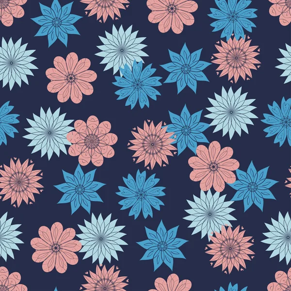 Flowers on a blue background. Wallpaper seamless. Doodle. Simple drawing. — Stock Vector